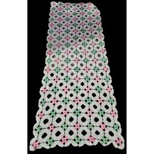 Filet Crochet Cotton  Table Runner Dresser Scarf Pink Green White 17x48in Vtg